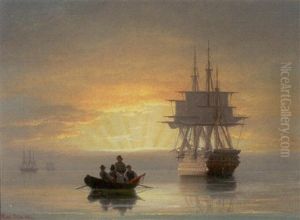 Storre Og Mindre Sejlskibe Pa Stille Vand, I Forgrunden Robad Med Figurer Storre Og Mindre Sejlskibe Pa Stille Vand, I Forgrunden Robad Med Figurer