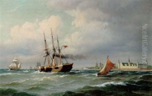 Marine Med Dampskib Med Det Engelske Handelsflag Samt Sejlskibe Ud For Kronborg by Carl Ludwig Bille