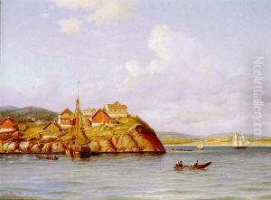 Fjordparti Med Huse Pa Klipperne Og Bade Pa Stille Vand, Kristiansand, Norge
