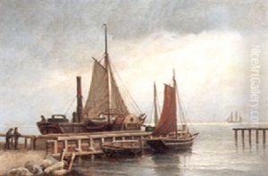 Havneparti Med Hjuldamper Og Sejlskibe by Carl Ludwig Bille