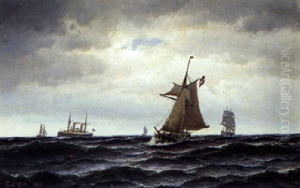 Marine Med Sejl- Og Dampskibe Pa Havet - view 1