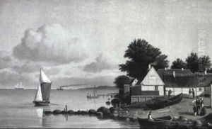 Kystparti Med Huse, B+de Trukket Op Pa Stranden Og Personer by Carl Ludwig Bille