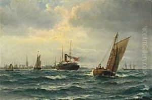 Seascape From The Bay Of Aarhus With Lively Shipping by Vilhelm Bille