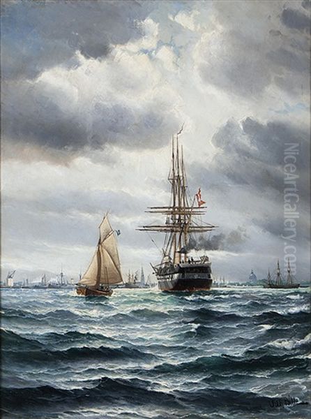 Fregatten Jylland Anloper Kopenhamn, I Fonden Frederik V: S Mastkran, Vor Frelsers Kirke Och Marmorkirken - view 1