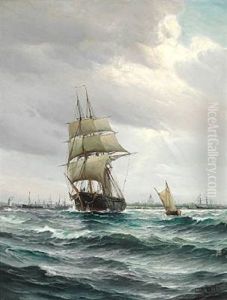 Sailing Ships Off Copenhagen. In The Background The Rigging Sheers At Holmen And The Dome Of Marmorkirken (the Marble Church)