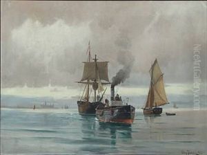 Seascape With Sailing Ships And Steamer, In The Background Kronborg Castle by Vilhelm Bille