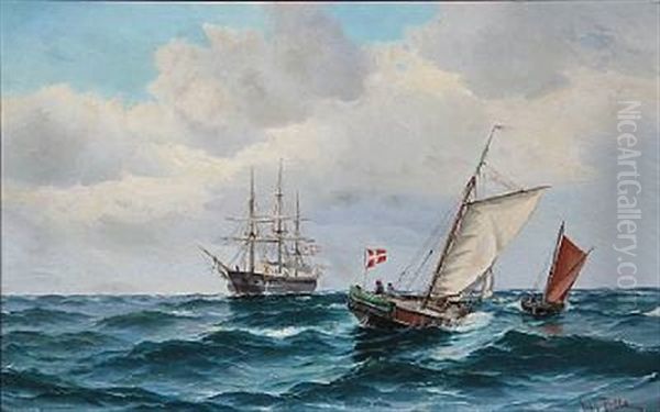 Seascape With The Frigate Jutland And A Few Fishermen In Their Boats On Open Sea - view 1