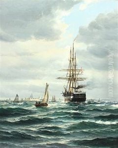 Seascape With Fregatten Jylland And Sailing Ships Off Kronborg by Vilhelm Bille