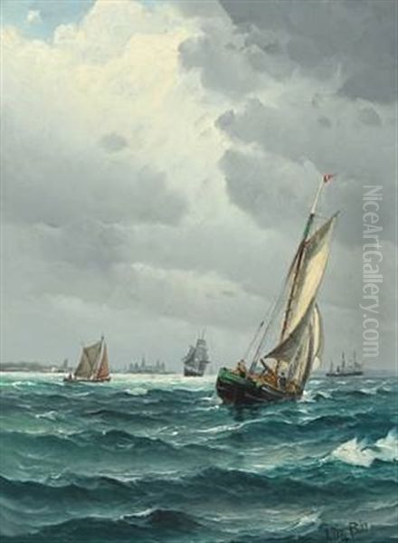Sailing Boat Along The Coast Of Helsingor With Kronborg Castle In The Background - view 1