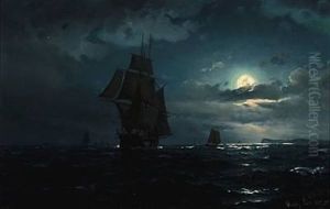 Seascape With Sailing Ships In Moonlight by Vilhelm Bille