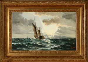 Seascape With Several Ships On Open Sea At Sunset