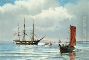 The Frigate Jylland And Fishing Boats Off The Coast by Vilhelm Bille