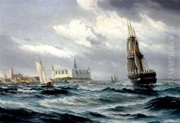 Sejlskibe I Sundet Ud For Kronborg En Blaesevejrsdag - view 1