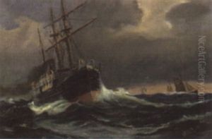 Dampfer Mit Stutzsegeln Auf Sturmischer See by Vilhelm Bille