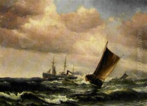 Marine Med Fiskerbade Og Dansk Dampskib I Hoj So by Vilhelm Bille
