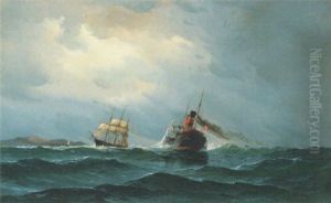 A Danish Paddle Steamer And A Three-masted Barque Passing In The Channel