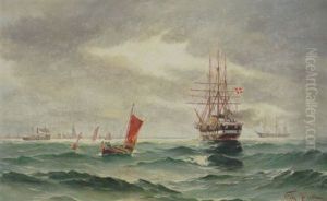 Marine Med Skibe Ud For By Ved Kysten by Vilhelm Bille