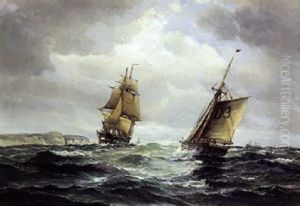 Marine Med Sejlskibe Og Fiskekutter Ud For Stejle Skraenter by Vilhelm Bille
