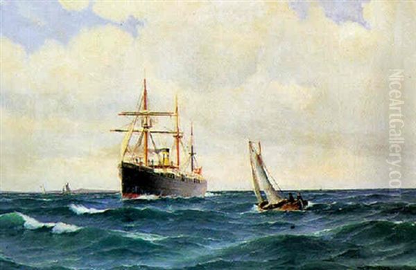 Marine Med Dampskib Fra Det Ostasiatiske Kompagni Og Jolle, Antagelig I Oresund - view 1