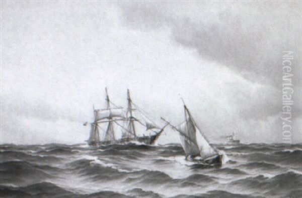 Marine, Sejlskibe Og Dampskib Pa Havet - view 1