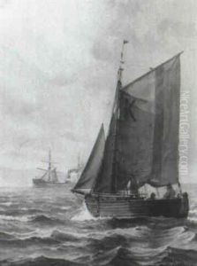 Seascape With Sailboat And Steamship by Vilhelm Bille