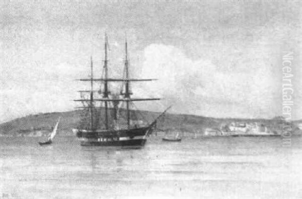 Marine, Sejlskibe Pa Havet, Ud For Sydlandsk By - view 1