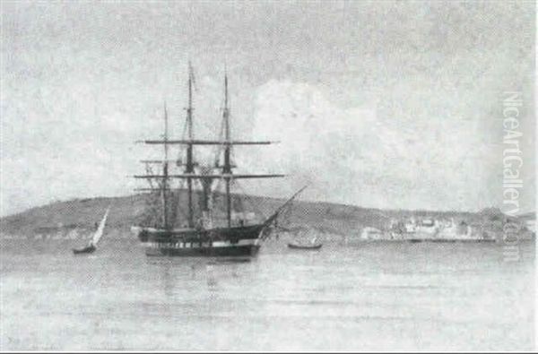 Marine, Sejlskibe Pa Havet, Udfor Sydlandsk By - view 1