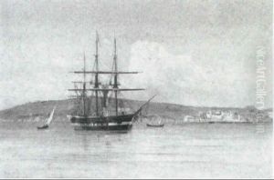 Marine, Sejlskibe Pa Havet, Udfor Sydlandsk By by Vilhelm Bille