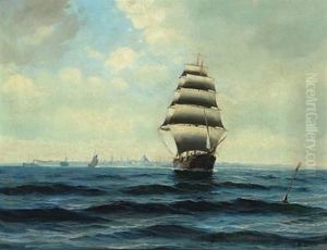Seascape With Sailing Ships Off Copenhagen by Willy Bille