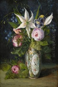 Blomsterstilleben Med Rosor, Forgatmigej (myosotis Scorpioides) Och Vita Madonnaliljor (lilium Candidum) I Kinesisk Vas