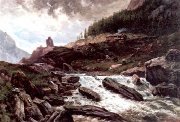 Mountain Landscape With Cabin And Cattle - view 1