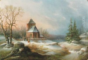 Vintermotiv Med Figurer Vid Kyrka, Aftonrodnad by Lars Theodor Billing