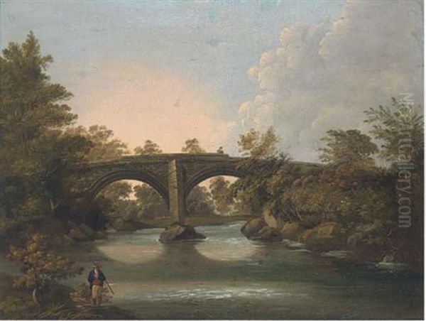 A Figure Fishing On A River, With A Bridge Beyond - view 1