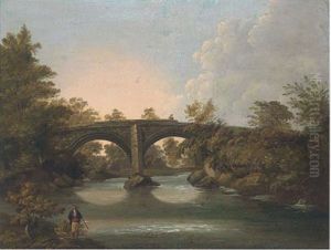 A Figure Fishing On A River, With A Bridge Beyond