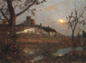 A Castle On A Hillside By Moonlight by Rene Billotte