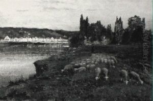La Frette Montigny: Troupeau De Moutons Au Clair De Lune by Rene Billotte