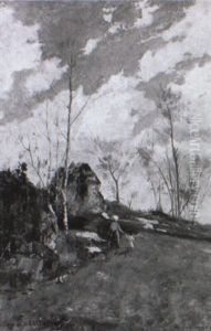 Paysage Au Rocher, Anime D'une Femme Et De Son Enfant