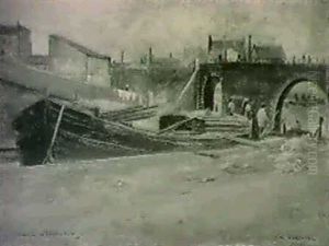 La Villette - Kanalmotiv Med Pram, Byggnader Och Figurer La Villette - Kanalmotiv Med Pram, Byggnader Och Figurer