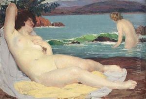 Reclining Nude At The Shore by Louis Francois Biloul