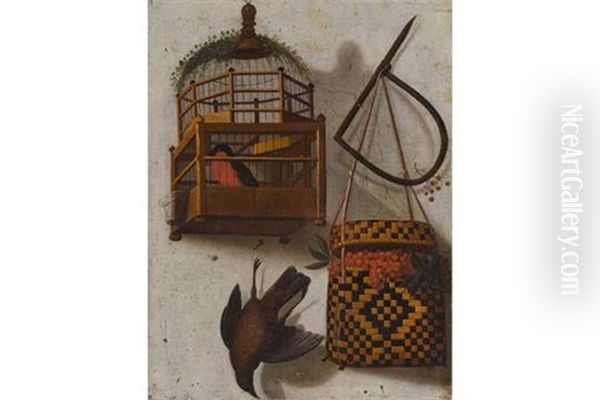 Trompe L'oeil Mit Einem Gimpel Im Kafig, Einem Erlegten Vogel, Einer Vogelfalle Und Einer Geflochtenen Tasche Mit Vogelbeeren - view 1
