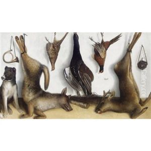 A Game Larder With A Dead Wolf, A Roe Deer, A Cock And A Hen Pheasant by Cornelis Biltius