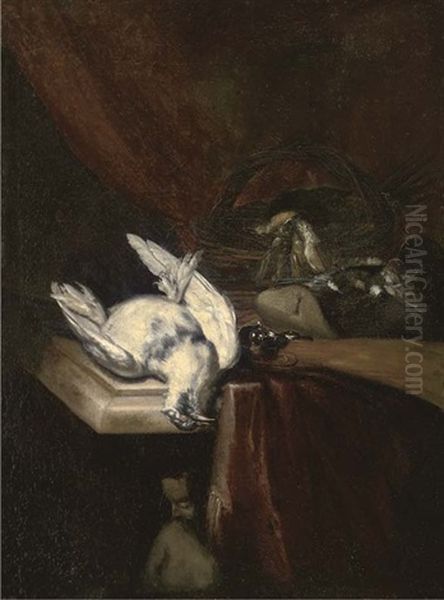 Dead Game And Song Birds By A Rifle On A Partly Draped Ledge, A Statue Beneath - view 1