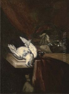 Dead Game And Song Birds By A Rifle On A Partly Draped Ledge, A Statue Beneath by Cornelis Biltius