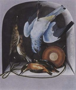 A Trompe L'oeil With A Hunting Still Life Of Birds And A Flacon In A Niche A Trompe L'oeil With A Hunting Still Life Of Birds And A Flacon In A Niche