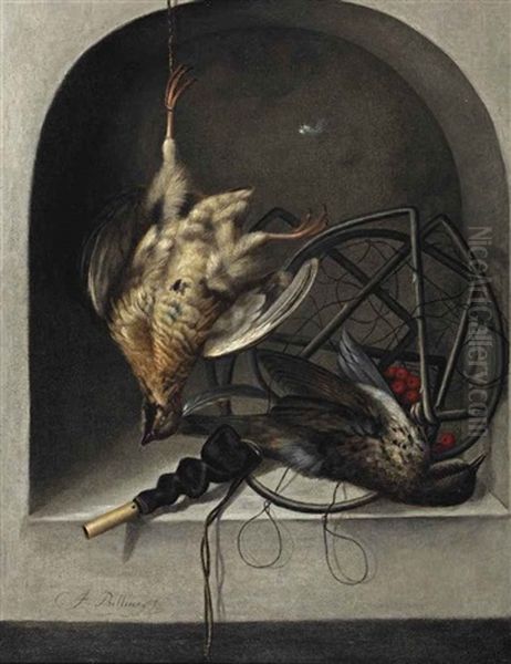 A Partridge Suspended From A Nail, A Starling, A Trap And Whistle In A Stone Niche - view 1