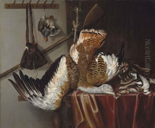 A Great Bustard And A Partridge Suspended From Strings, With A Smew And Three Songbirds On A Partially Draped Table, With A Rifle And Hunting Bag... - view 1