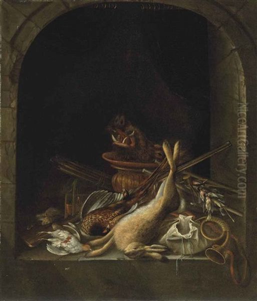 A Hare, Pheasants, Partridge, The Head Of A Boar And Other Game In An Arched Stone Window, With A Hunting Horn, A Musket, Powder Kegs... - view 1