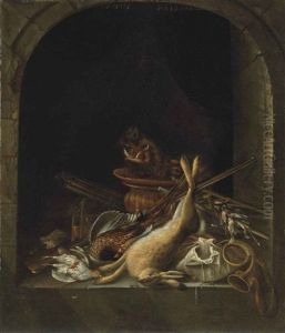 A Hare, Pheasants, Partridge, The Head Of A Boar And Other Game In An Arched Stone Window, With A Hunting Horn, A Musket, Powder Kegs... by Jacobus Biltius