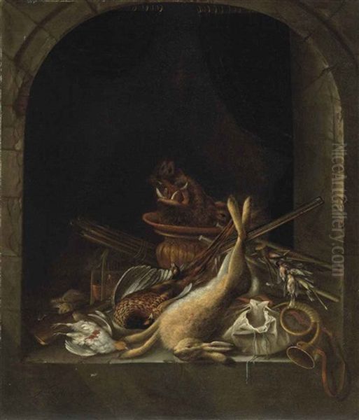 A Hare, Pheasants, Partridge, The Head Of A Boar And Other Game In An Arched Stone Window, With A Hunting Horn, A Musket, Powder Kegs And Other Hunting Objects - view 1
