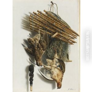 Trompe L'oeil Still Life With Two Quails, A Bird Net And A Whistle